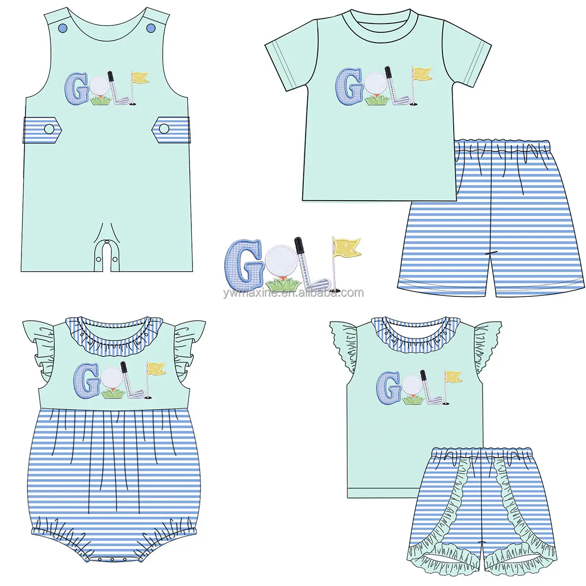 New Arrival Golf Applique Baby Clothing Custom Logo   Design Outfits Two Pieces Outfit Flutter Sleeves Girls Clothing Set