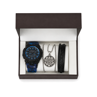 Ensemble de bijoux tendance pour homme : Montre sport bleue, collier en acier inoxydable, bracelet et chaîne cubaine – Kit d'accessoires streetwear