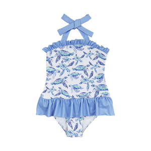 S0758 Traje de Baño Personalizado para Niña Pequeña, Diseño de Lazo Azul y Castillo, Venta al por Mayor, Traje de Baño de Manga Corta de 2 Piezas - Product Image 6