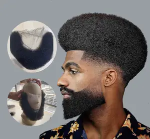 New Coming In Stock 100% Indian Human Hair Full Hand Natural Black Color Afro Curl Lace Base Mustache Beard Hairline With Men