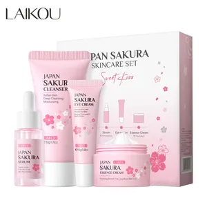 Laikou 4pcs Nhật Bản Sakura chăm sóc da Bộ sữa rửa mặt 50g huyết thanh 17ml Kem mắt 15g Kem tinh chất trên khuôn mặt 25g