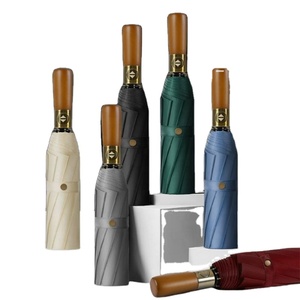 Parapluie homme pliant en trois sections, 16 baleines, entièrement automatique, avec poignée en bois, en tissu pongé, ouverture automatique, idéal pour cadeau d'affaires - Product Image 3