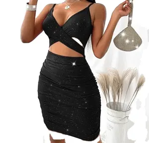 Sexy women's dress with suspender exposed hanging strap sleeveless fashionable shiny and gilded buttocks long dress