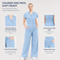 Combinaison médicale pour femme à revers crantés, manches courtes, plissée, jambes larges, avec logo personnalisé
