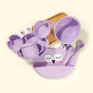 Vajilla de comida personalizada para niños pequeños, platos divididos de entrenamiento, babero, cuchara de silicona con succión, plato de cangrejo, tazón, juego de alimentación para bebés - Product Image 3