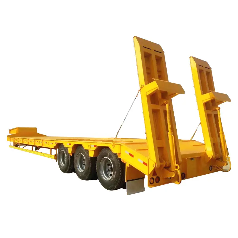 Produsen Trailer Cina 3 AS 60Ton paling rendah Semi truk Trailer tempat tidur rendah Trailer tangga hidrolik Lowboy Semitrailer
