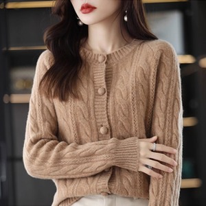 Women's <b>Red</b> <b>Wool</b> Knitted Cardigan O-Neck Full Sleeve Button Front Solid Color Elegant Winter Top Hand Knitted Thick Regular Fit - Product Image 3
