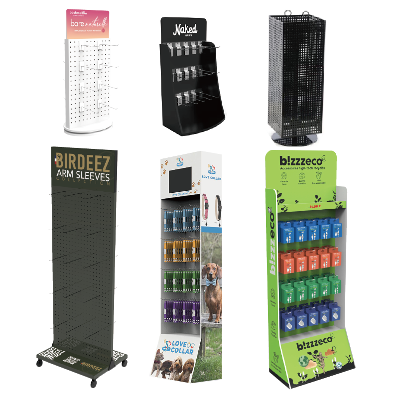 Apache Customizable Hook Display Racks Floor Mounted Perforated Boards Supermarkets Wood Paper PVC Metal Options Available — view 1