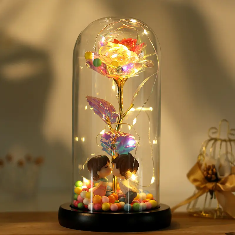 Artificial saint valentine Gifts enchanted Golden Rose Led Lamp 24k Gold Foil Rose in Glass Dome Decorative Flowers With lights