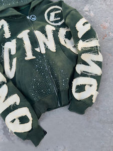 Felpa da Uomo Effetto Invecchiato con Cappuccio Patch Ricamato Personalizzato Strass Cerniera Lavaggio Acido Vintage French Terry Streetwear per l'Inverno - Product Image 2