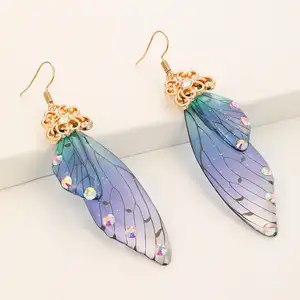 Unique Rhinestone Cicada Wings Earrings Trendy New Butterfly Gradient Pink Blue Sequins Cute Long Drop Earrings