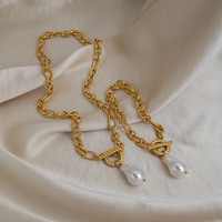 Ensemble collier et bracelet en perles d'eau douce, chaîne géométrique en acier inoxydable plaqué or 18 carats PVD pour femme, style minimaliste chic au quotidien