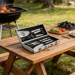 Cadeaux pour oncles et neveux : Kit d'accessoires de barbecue robustes pour jardin, ustensiles de grillade en acier inoxydable épais avec manches en bois - Product Image 6