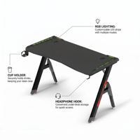 Bureau de jeu noir, nouveau modèle, avec structure métallique, éclairage RGB et support pour casque, pour la maison et le bureau