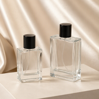 Flacon de parfum en verre borosilicate transparent plat de 50 ml avec bouchon à vis, décalcomanie, atomiseur réutilisable, couleur personnalisée, longue durée