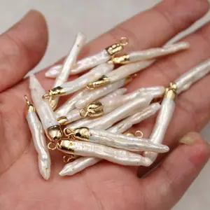 Baroque shaped long white toothpick pearl 6mm*35mm copper edging pendant diy necklace ear jewelry material