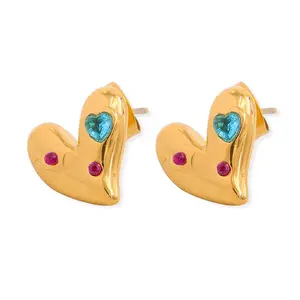 custom high quality 18k gold plated fashion jewelry stainless steel earrings exquisite color crystal love heart ear studs women