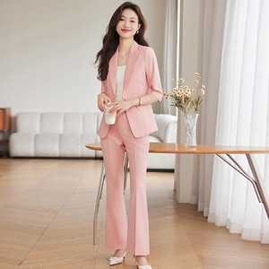 Pink Women's Suit Set Three Quarter Sleeve Polyester Anti-Wrinkle Elegant Spring Wear - Product Image 1