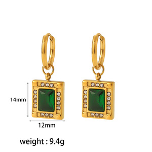 <b>Emerald</b> Zircon Stainless Steel Pendant Earrings Geometric Design Bezel Setting Everyday Wear 18K Gold Plated <b>Stud</b> Earrings - Product Image 4