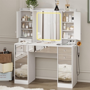 <span class=keywords><strong>Coiffeuse</strong></span> transfrontalière avec miroir, <span class=keywords><strong>LED</strong></span>, prise électrique et tiroir de rangement pour maquillage et chambre - Product Image 1