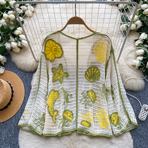 Blouses d'été à manches longues en tricot bohème pour femmes, chemises unies ajourées, hauts décontractés pour femmes, vente en gros - Product Image 4