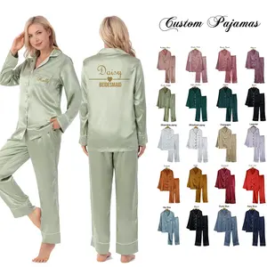 Custom Bruidsfeest Bruid Bruidsmeisje Vrouwen Zijde Satijn Lange Mouwen Pyjama Set Nachtkleding