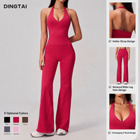 Ensemble de sport 2 pièces Dingtai pour femme : haut côtelé sans couture à col halter en V et leggings évasés taille haute à dos ouvert pour gym, fitness et yoga