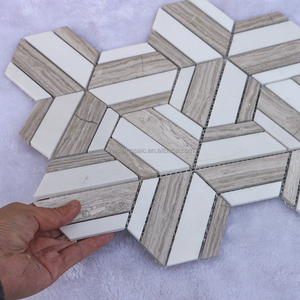 Hexagon Geometric Marble Texture <strong>Mosaic</strong> <strong>Tiles</strong> - <strong>White</strong> &amp; Gray Strip Design for Kitchen Bathroom Backsplash Modern Wall Decor - Product Image 3