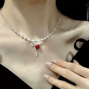 Collar de Plata con Perla de Fresa, Colgante de Plata de Ley S925, Estilo INS para Mujer, Cadena para Clavícula Linda y Dulce, Uso Diario - Product Image 4