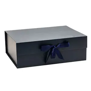 Luxury rigid a4 deep navy blue collapsible magnetic gift box packaging idea