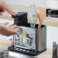 Égouttoir à couverts multifonctionnel 3 en 1 en argent, organisateur d'évier de cuisine, distributeur de savon, porte-éponge