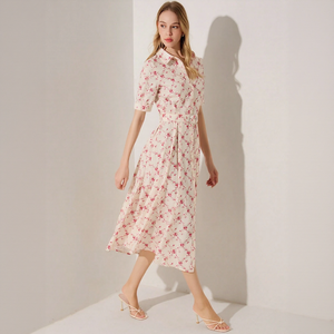 Robe chemise de luxe en gros, nouvelle collection, motif <span class=keywords><strong>floral</strong></span> crème et rouge, taille haute, coupe ajustée, vêtements pour femmes, logo personnalisé en gros - Product Image 2