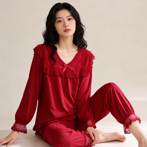 ชุดนอนผู้หญิงสีชมพูแขนยาว PJ-1462 แต่งขอบลูกไม้ ผ้าถักยืดหยุ่น สำหรับใส่ที่บ้าน ถ่ายภาพงานแต่งงาน หรือในสตูดิโอ - Product Image 4