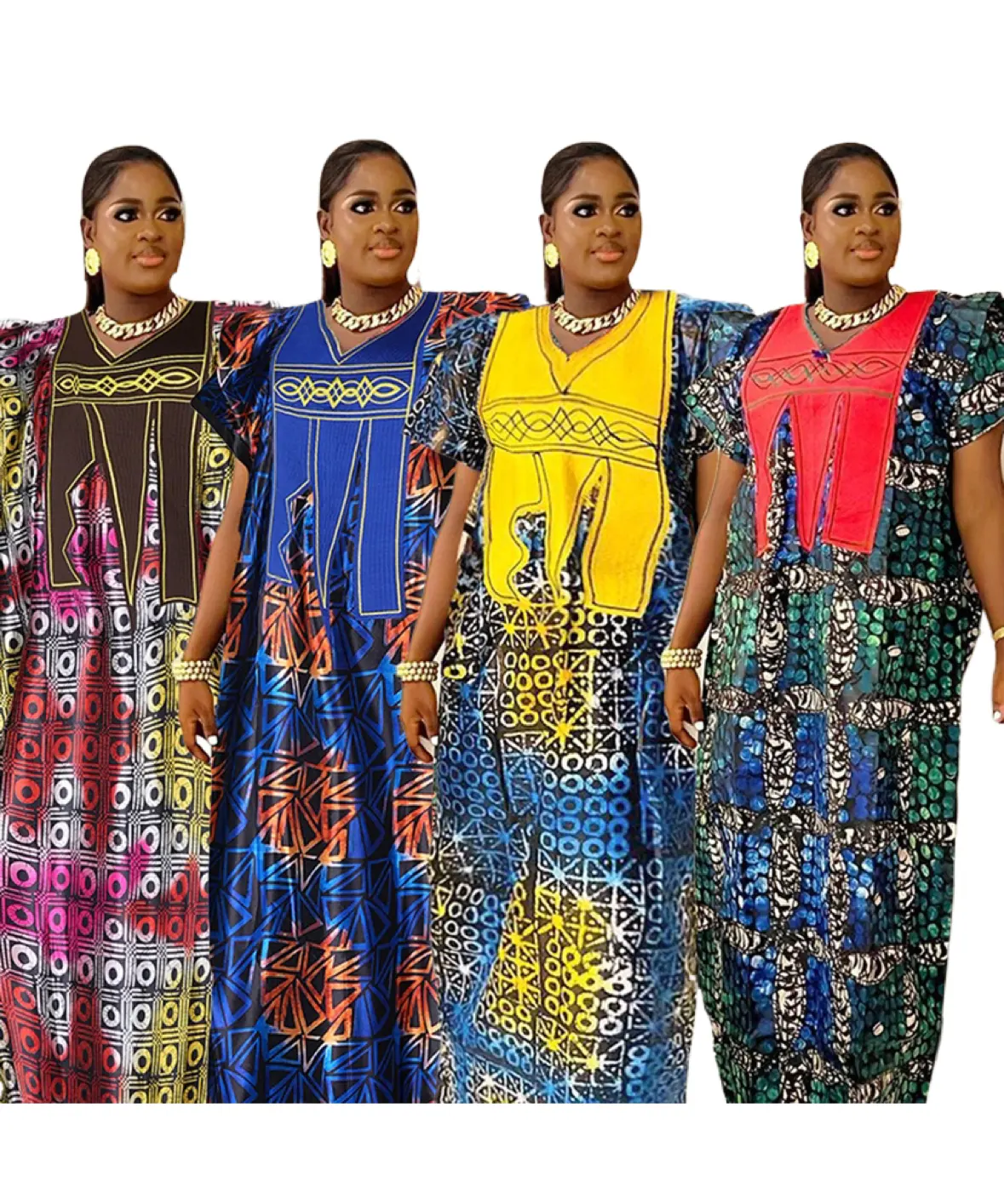 Thời Trang Mới Châu Phi Sang Trọng Thêu In Hoa Bông Váy Đầy Màu Sắc Ngắn Tay Áo Maxi Áo Femme K0203