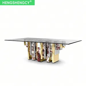 意大利设计师奢华艺术手绘玻璃长方形餐桌用于别墅餐厅家具