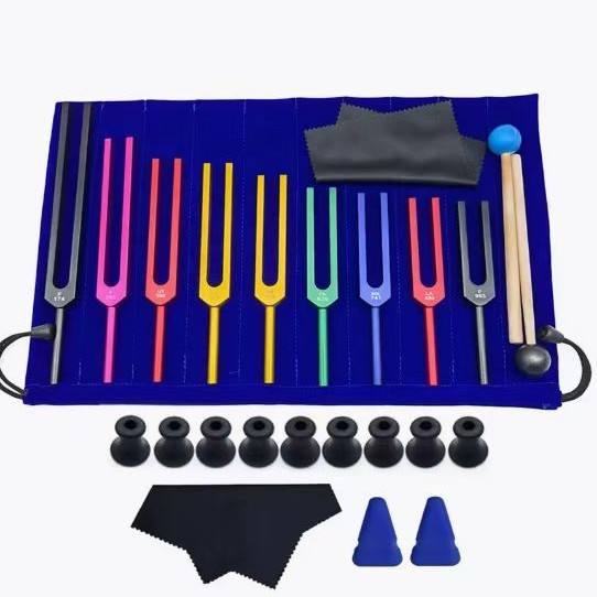 ส้อมเสียง 9 สี + ฐานสีดำ + สามเหลี่ยมสีน้ำเงิน + ผ้าทำความสะอาด