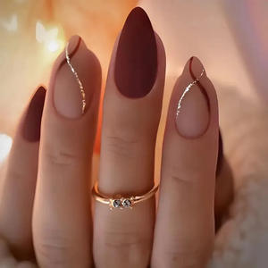 Prensa <span class=keywords><strong>negra</strong></span> reutilizable en las uñas Juego de uñas postizas de almendra mediana Uñas postizas <span class=keywords><strong>mate</strong></span> Prensa en puntas francesas con diseños - Product Image 2