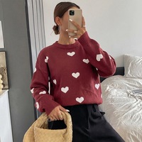 Pull en maille à col rond pour femme, motif cœur blanc jacquard, manches longues, épaules tombantes, coupe ample, doux, décontracté, automne
