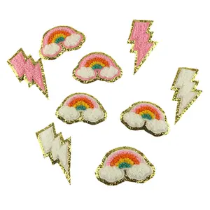 Красочные радужные вышитые нашивки с замком из шенилла, аппликация для вышивки утюгом, Звездный якорь, кокосовый самолет, фламинго, лук для шитья