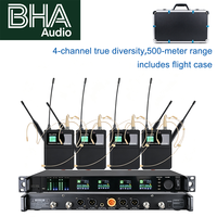 Système de microphone sans fil UHF à 4 canaux BHA Y-6004 True Diversity avec micros portatifs, bodypacks et micros-casques pour scène, église, karaoké et conférences