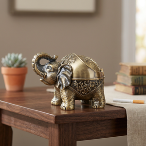 <b>Vintage</b> Brass Elephant Desktop <b>Ashtray</b> With Intricate Carving Design For Home Decor - Product Image 4