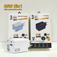 Chargeur rapide GaN 65W avec câble rétractable magnétique USB Type-C Prise EU Ignifuge pour ordinateur portable et téléphones mobiles
