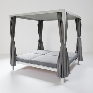 Chaise <span class=keywords><strong>de</strong></span> salon double en aluminium pour patio, lit <span class=keywords><strong>de</strong></span> jour à baldaquin rétractable, coussin gris, rideau d'extérieur beige pour jardin - Product Image 1