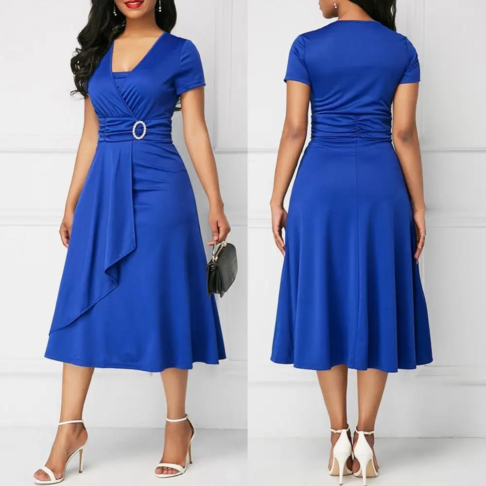 Plus Size Maxi Elegant Women Career Dresses Short Sleeve Asymmetric Hem Waist Tight Midi Party Dress Ladies Evening Vestidos