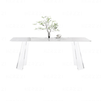 Table à manger rectangulaire crème moderne avec pieds en verre transparent Comptoir en marbre acrylique pour meubles de salle à manger d'hôtel