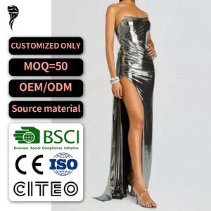 فستان سهرة رسمي للحفلات الصيفية، فستان أنبوبي معدني فضي لامع مكشوف الأكتاف بفتحة جانبية عالية، فستان ماكسي - Product Image 1