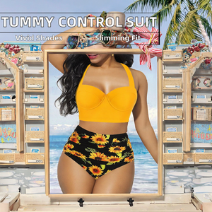 Traje de baño de 2 piezas con cuello halter, espalda descubierta, fruncido, control de abdomen, liso teñido con estampado y decoración de joyas - Product Image 2