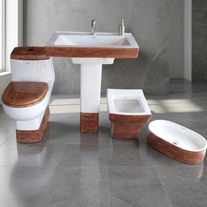 Latest Wooden Double Color Designer Art Modern One Piece Toilet with Wall Hung Wash <b>Basin</b> Pedestal and Table Top Sink Lavabo Set - Product Image 6