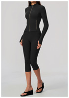Ensemble de sport pour femme : veste de yoga zippée avec trous pour les pouces, leggings capri, tenue de fitness 2 pièces, ensemble athleisure pour la gym