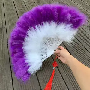 Upgraded Version Folding Gradient Color Thickening Feather Hollow Plastic Bone Tassel Hand Fans For Wedding Handfan Custom Bone